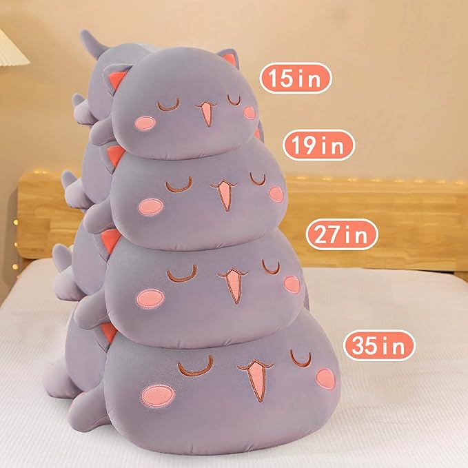 FUYU Cat Stuffed Animals, Soft Cat Plush Pillow Kawaii Kitten Stuffed Animal Toy Gifts for Kids Boys Girls Room Decor (Gray Squinted,15in/37cm)