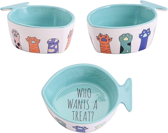 Bico Colorful Kitten Paw Fish Shaped Ceramic Cat Bowl, for Cat and Kitten, Dishwasher Safe