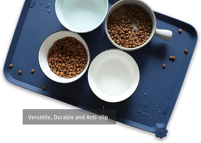 Hoki Found L Silicone Pet Food Mats Tray with High Lips - Non Slip Pet Dog Cat Bowl Mats Placemat - Dog Cat Food Mats - Waterproof Dog Pet Cat Feeding Mat -Pet Water Mats for Carpet - Indigo Ink