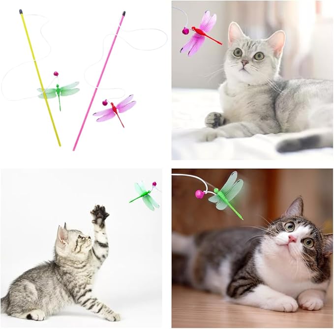 Cat Wand Toys,Interactive Cat Toys for Indoor Cats Adult Kitten,Funny Cat Sticks Pet Interactive Cat Toys with Dragonfly Bell Toys for Kitten Playing(2 Pc)
