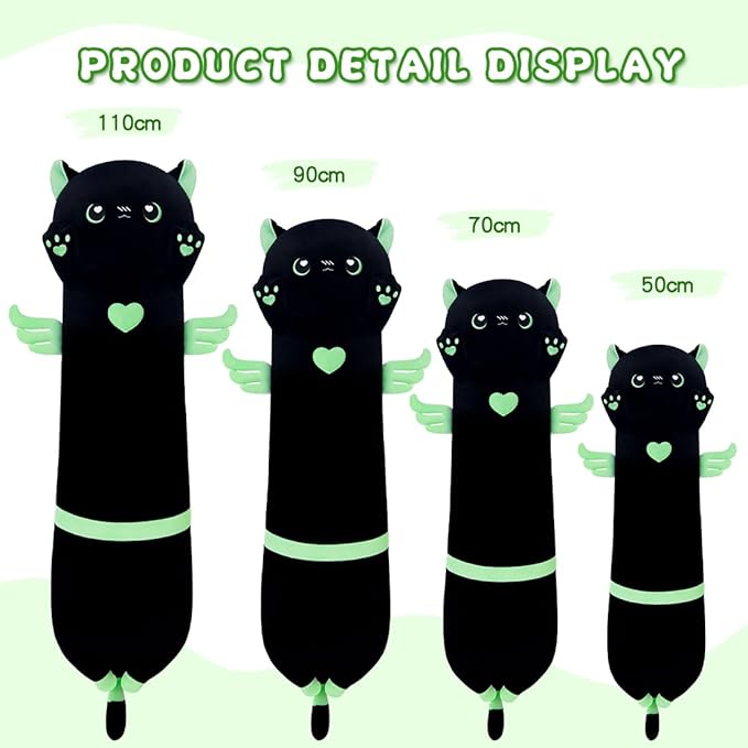 Long Cat Plush Body Pillow, Cute Cat Plush Toy Pillows with Wings, Stuffed Animals Kitten Soft Plushies Gifts for Kids Girls Girlfriend(AngelCat Green, 27.6in/70cm)