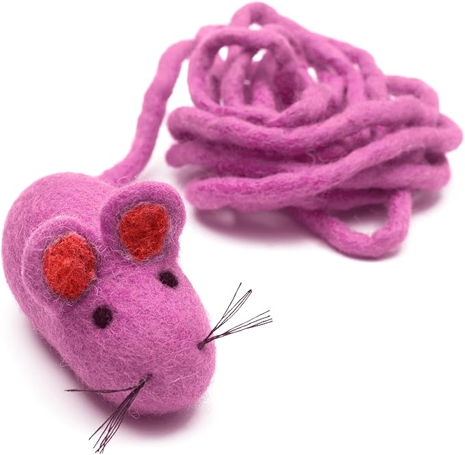 Glaciart One Felt Mouse Cat Toy – Soft Fuzzy Enrichment 100% Natural Wool Toy - Interactive Catnip Play Cat Toy Set - Safe for Pets, Non-AZO Colored Dyes - 100” Long