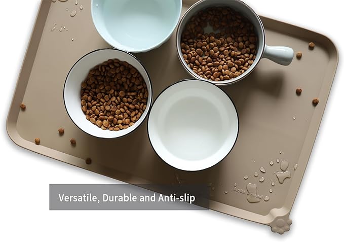 Hoki Found L Silicone Pet Food Mats Tray - Non Slip Pet Dog Cat Bowl Mats Placemat - Dog Pet Cat Feeding Mat - Waterproof Dog Cat Food Mats -Pet Water Mats for Carpet - Tan