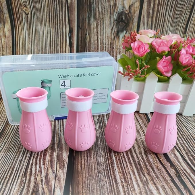 Anti-Scratch Silicone cat Shoes,Cat Claw Covers,Adjustable Multifunctional Anti-Bite Shower net BagďźCat Grooming Mesh Bag, Pet Medical Shoes,Cat Bathing Bag (Pink)