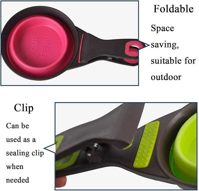 Collapsible Pet Scoop Silicone Measuring Cups Set Sealing Clip 3 in 1 Multi-Function Scoop Bowls Bag Clip Dog Snack Measuring Cup for Dog Cat Food Water Set of 2 (1 Cup & 1/2 Cup Capacity)