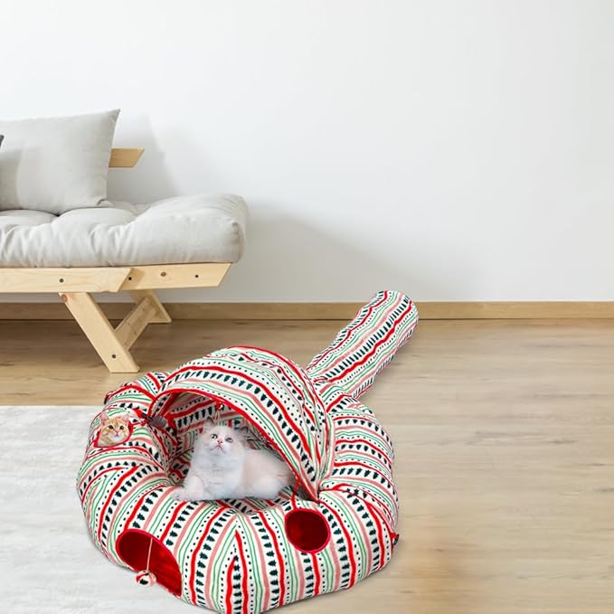 Cat Tunnel Bed for Indoor Cats, Soft Plush Peekaboo Cat Cave Donut Tunnel, Multifunctional Cat Playground Toys Hideplace for Small Medium Large Cats, Kittens, Rabbit, Ferret (Red)