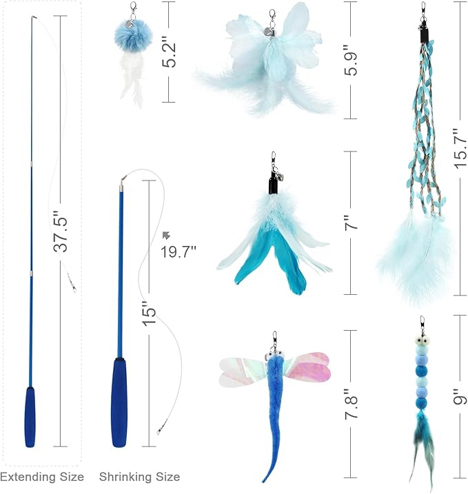 SONGWAY Cat Wand Toys for Indoor Cats - Cat Feather Toys with Retractable Cat Stick and 6 PCS Fairy Cat Teaser Toy Refills, Butterfly Tassel Plush Cat Toys Interactive, Blue