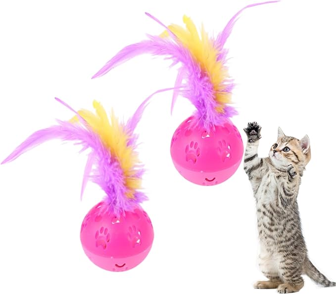 BeeSpring Cat Balls Interactive Cat Toy Cat Feather Balls with Loud Bell Inside (2Pcs Red)