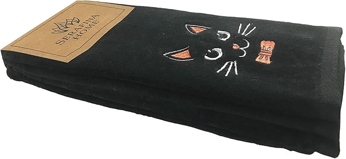 Halloween Bathroom Hand Towels – 16” x 25” Black Cotton Embroidered Cat Design- Spooky Gothic Bath Kitchen Décor, Set of 2