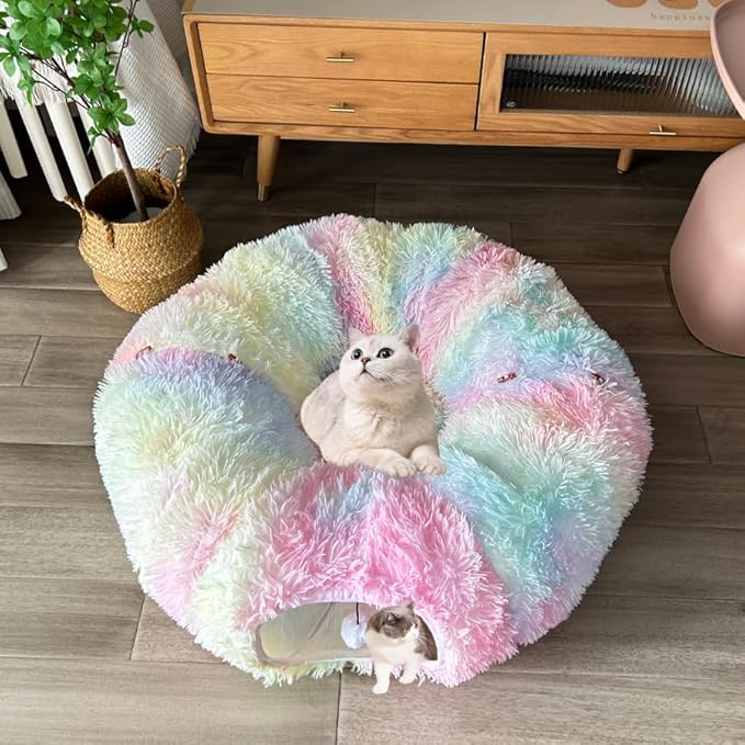 Cat Tunnel Bed, Tunnels for Indoor Cats Soft Warm Colorful Plush, Collapsible Interactive Tube Toys, Maze House with Peek Holes Dangling Ball for Rabbit, Kitten, Kitty, Puppy