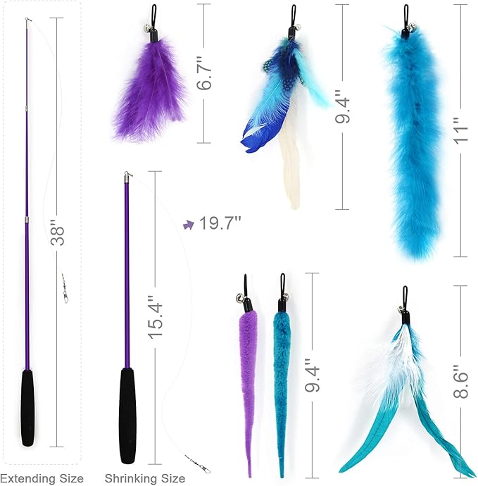 SONGWAY Interactive Cat Feather Toys - 7 Pcs Cat Toy Set, Retractable Cat Wand Toy, Teaser Refills Worm Bird Feathers with Bell, Cat Teaser Toys for Indoor Cats Kitten Play Chase Exercise, Blue