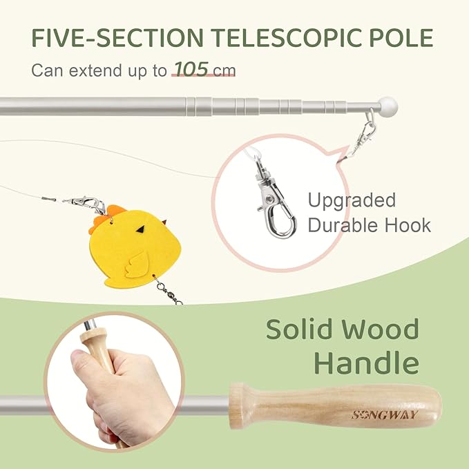 SONGWAY Interactive Cat Toys Wand - Retractable Cat Wand Toy and 6 Pieces Flying Bird Cat Toys Feather Replacement, Felt Cat Feather Toys for Indoor Cats