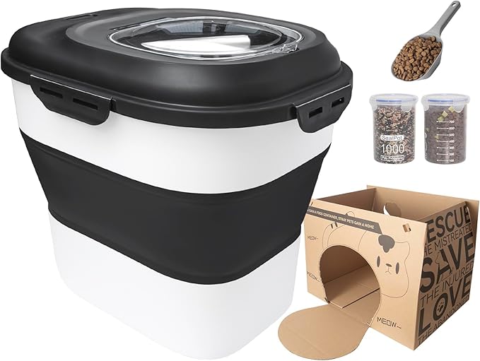 35LBS Collapsible Dog Food Storage Container, Pet Dog Pantry Large Containers Bin with Wheels,Scoop & 2pcs Food Storage Containers, Kitchen Cereal Flour Rice Leakproof Dry Holder-Black