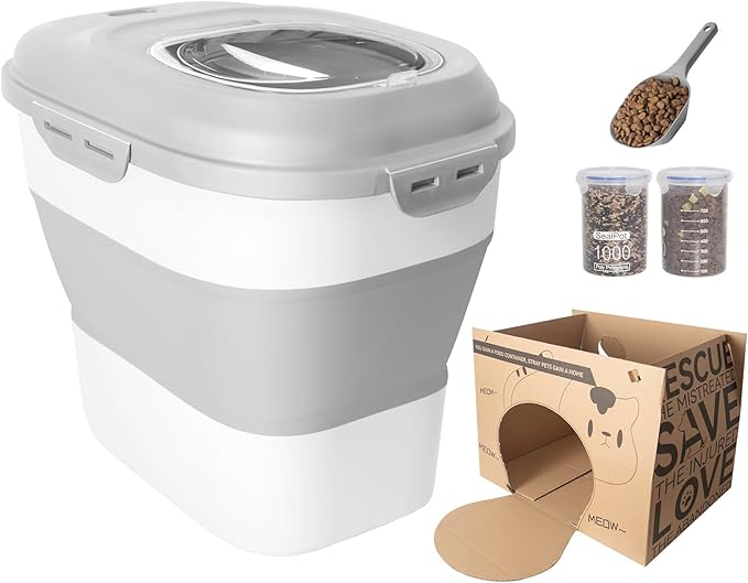 35LBS Collapsible Dog Food Storage Container, Pet Dog Pantry Large Containers Bin with Wheels,Scoop & 2pcs Food Storage Containers, Kitchen Cereal Flour Rice Leakproof Dry Holder-Grey