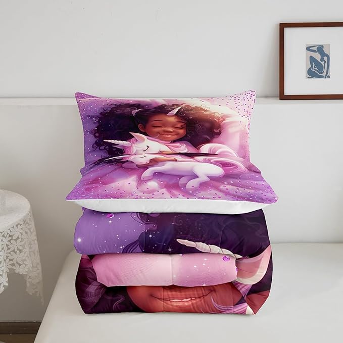 Black Cartoon Girl Comforter Set King Size,Cute Unicorn Castle Princess Bedding Set,Girls Women Room Decor,Girls African Glitter Sequins Down Comforter,Purple Romantic Duvet Insert,2 Pillowcases