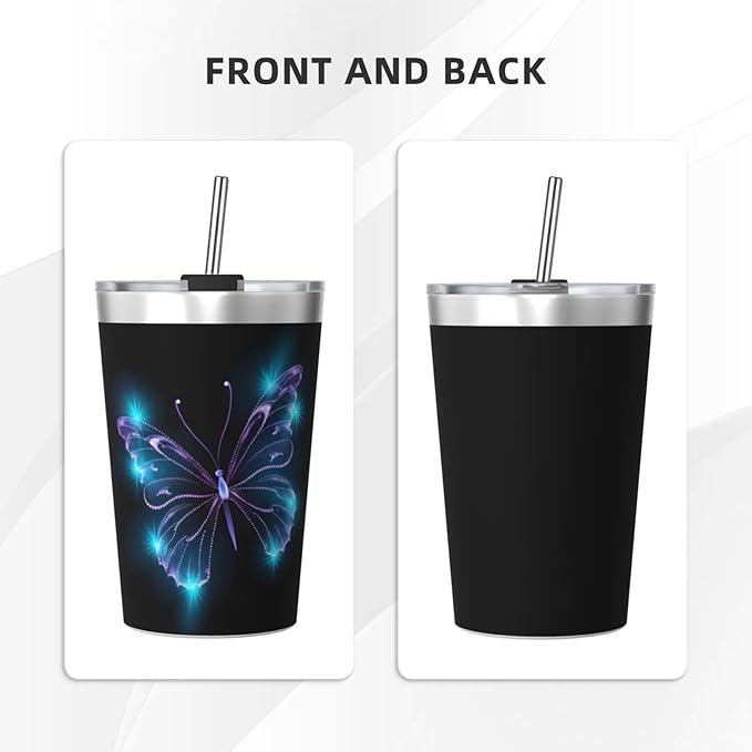 12 OZ Insulated Tumbler Mug with Lid Straw, Butterfly Stars Stainless Steel Coffee Cups for Home Travel Office School Gifts