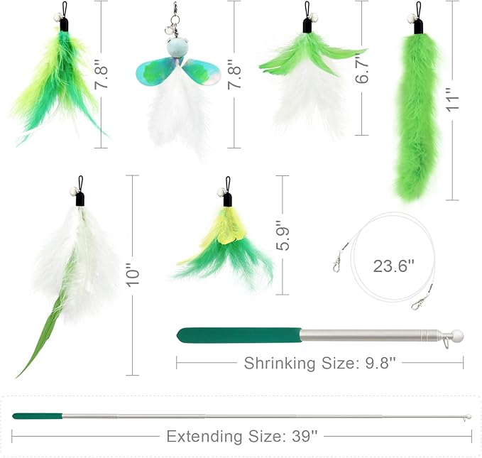 SONGWAY Cat Feather Toys Wand - 7 Pcs Interactive Cat Toys for Indoor Cat Kitten, Retractable Cat Wand Toy with 6 Feather Teaser Refills with Bell, Cat Fishing Pole Toy, Green