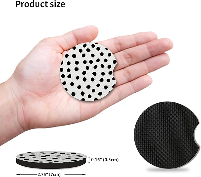 Car Coasters for Cup Holders,Cute Car Accessories for Women Interior,Cute Auto Accessories Gifts Cute Black Polka Dot,Pack of 2 2.75inch Drink Cup Car Holder Coasters with A Finger Notch