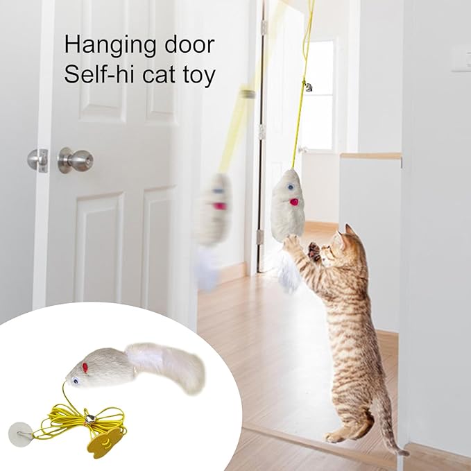 Gray Interactive Cat Toy, Hanging Self-Play Little Mouse Shaped Toys Cat Toy, Built-in Sound, Relieve Boredom, Hanging Squeak Mouse Stretchy Feather Plush Cat Toy with Adhesive Hooks