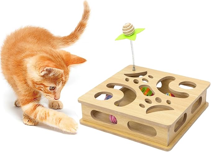 Interactive Cat Toys Puzzle Wood Box, Indoor Sports Entertainment Hunting Cat Toys, Stimulate Cat Sports Vitality (Burlywood)