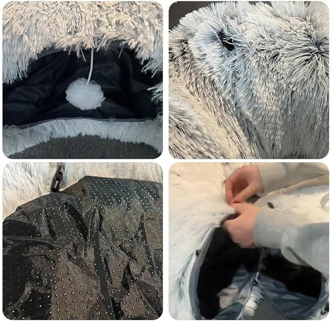 Cat Tunnel Bed for Indoor Cats, with Detachable Soft Mat, Fluffy Plush Central Cat Couch, Hanging Toy, Multifunctional Plush Cattasaurus Peekaboo Cave for Small, Medium, Large Cats, Rabbit