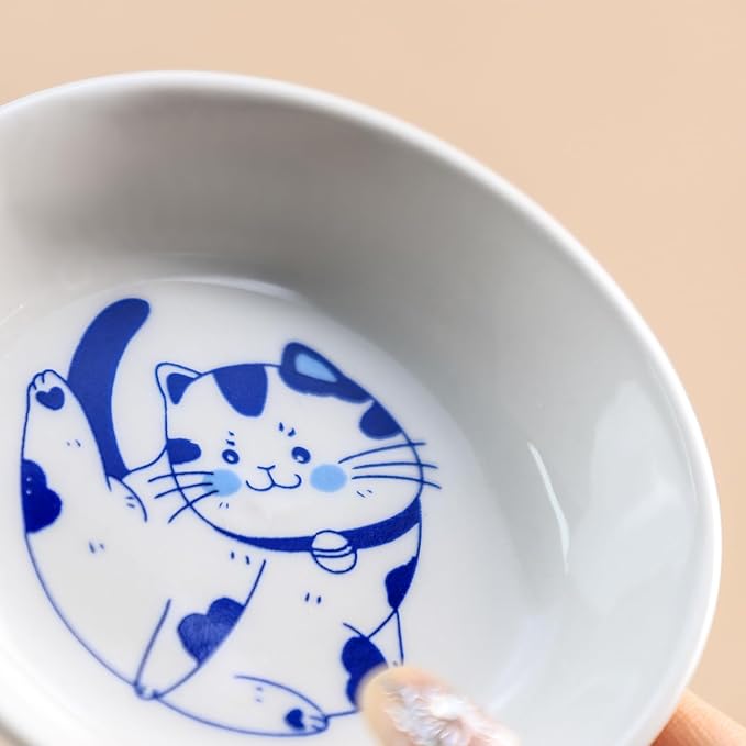 Blue and White Porcelain Vintage Cats Pattern Dessert Plates, Appetizer Plates, Snack Plates Set, Seasoning Dishes, Side Dishes, Saucer Dipping Bowls, 6 PCS-Blue Cats-3.5 Inch