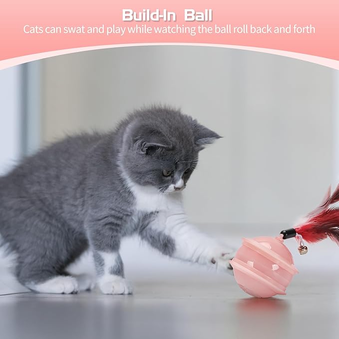 LED Interactive Cat Toy Ball, Cat Feather Toy Ball Cat Chase Toy Automatic Moving Ball Cat Feather Toy Rechargeable Self Rolling Ball (Pink)