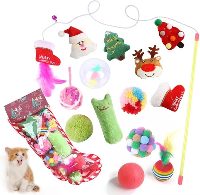Cat Toys Kitten Toys Assortments, 11PCS Variety Kitty Toy Set Including Interactive Feather Teaser Toy, Mouse Tumbler, Mylar Crinkle Balls Bells Toys, for Chewing Playing