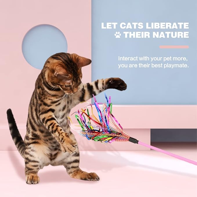 Cat Toy Wand 2PCS Interactive Cat Feather Toy Cat Teaser with Sound Paper Tassels and Soft Line Tube(Pink+Blue)
