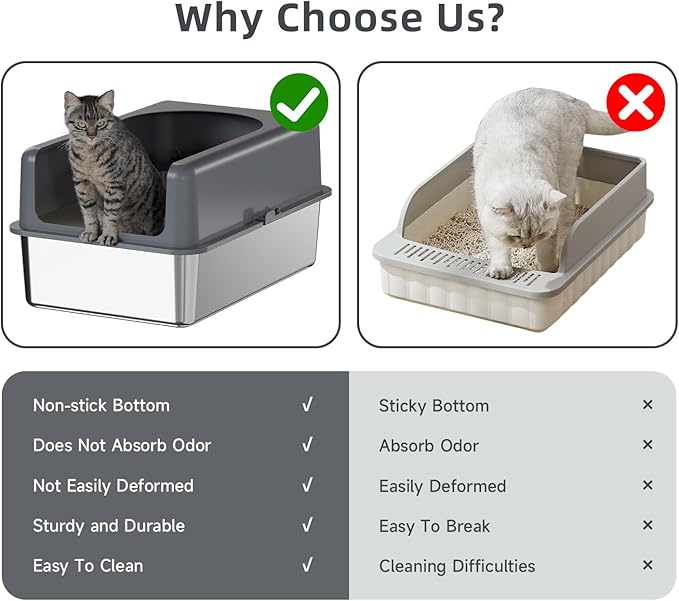 High-Sided Stainless Steel Cat Litter Box,Stainless Steel Litter Box with Lid,Extra Large Litter Box,Easy-to-Clean Metal Litter Pan for Cats (24''L X 16''W X 12''H with Enclosure)
