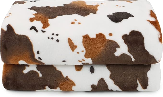 Cow Print Blanket Fleece Flannel Fuzzy Lightweight Travel Blankets Soft Warm Plush Brown Throw Blanket Cozy All-Season Couch Cow Blankets and Throws for Baby Kids Girls Boys Teens Gifts 50x60 inch
