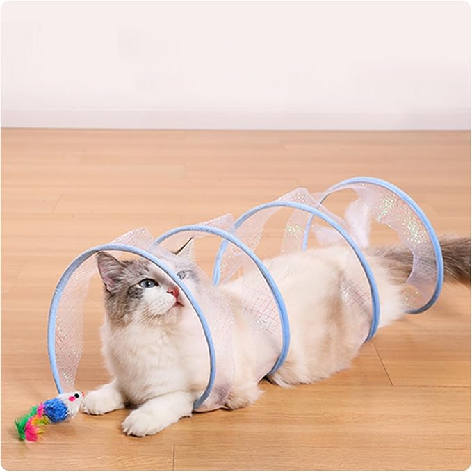 Andiker Folded Cat Tunnel Spring Toy, 10inch Spiral Cat Tunnels Toy with White Feather&Plush Mice&Bell 3 in 1 Folded Cat Tubes Interactive Cat Toys for Indoor Cats to Exercise, Relax (Purple, L)