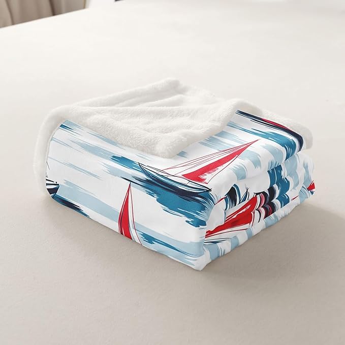 Sailboat Sherpa Blanket Sailboat Printed Fleece Throw Blanket Nautical Plush Blanket for Sofa Couch Bed Bedroom Decor Ocean Marine Themed Fuzzy Blanket Sea Adventure Queen 90x90 Inch