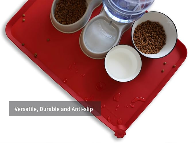 Hoki Found X-Large Silicone Pet Food Mats Tray - Non Slip Pet Dog Cat Bowl Mats Placemat - Dog Pet Cat Feeding Mat - Waterproof Dog Cat Food Mats -Pet Water Mats for Carpet - Classic Red