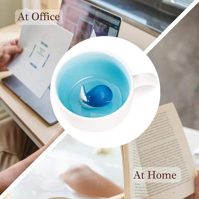 BigNoseDeer Whale Mug Cute Mugs with 3D Ceramic Whale Inside Kawaii Blue Whale Coffee Mug with Lid and Spoon Coffee Cups Tea Cups Cute Ctuff and Cute Gifts Birthday Gifts for Women 13.5oz