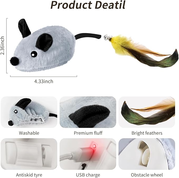 Interactive Cat Toys Mouse for Indoor Cats Rechargeable LED Cat Mouse Toy Feather Bell Tail Lifelike Electric Automatic Moving Mouse Cat Toy for All Breeds Cat Boredom Exercise-Gray