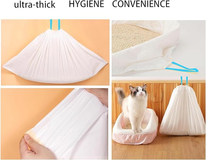 40 Count Cat Drawstring Litter Box Liners 26.6x16.7 inches 2Mils Super Thick White Cat Litter Waste Bags Poop Bags for Self-Cleaning Litter Box Cat Litter Pan Trays (Blue Drawstring 40 count)