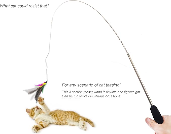 Cat Toys Wand Retractable Interactive Feather Teaser Cat Toy with Bell, 5pcs Refills
