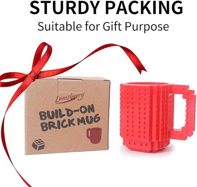 Build-on Brick Coffee Mug, Funny DIY Novelty Cup with Building Blocks Creative for Kids Men Women Xmas Birthday (Red)