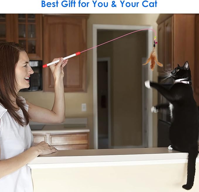 Cat Feather Toys 32PCS Interactive Kitten Toys Assortments, Rainbow Tunnel, Teaser Wand, Crinkle Balls, Bells, Colorful Mice, for Small Breeds