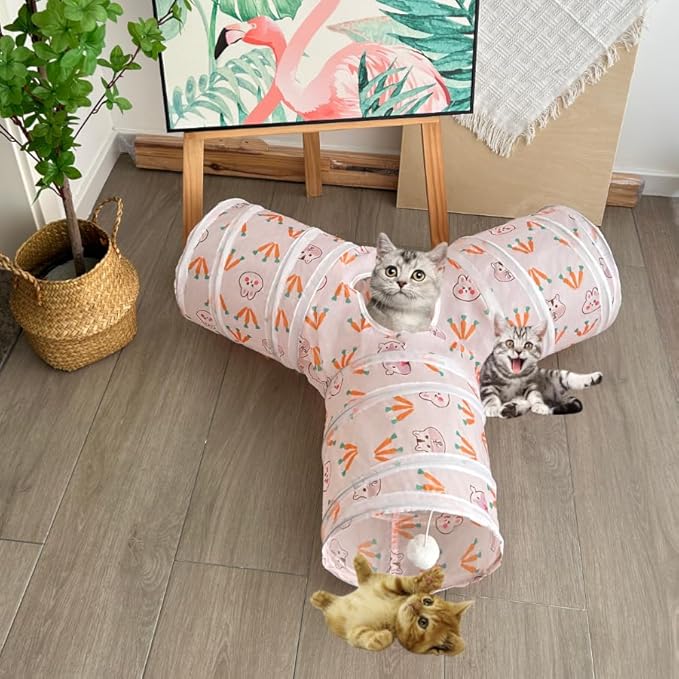 Cat Tunnel Tube Toys, Rabbit Pattern Tunnels for Indoor Cats, 3 Way Collapsible Interactive Toy Maze House with Peek Hole Dangling Ball for Rabbit, Kitten, Kitty, Puppy