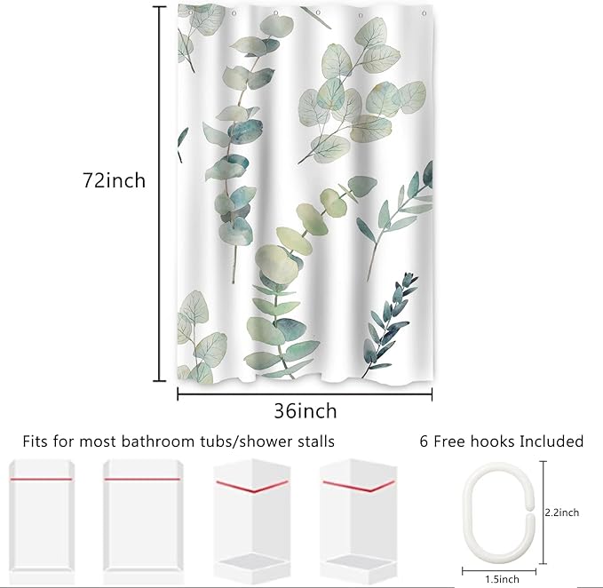AWERT Small Half Size Stall Shower Curtain with 6 Hooks Green Leaves Shower Stall Curtain 36 x 72 Boho 36 inch Shower Curtain for Bathroom/RV and Camper