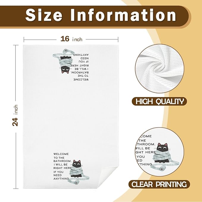Black Cat Bathroom Hand Towels, Welcome to The Bathroom Humorous Black Cat Decorative Hand Towels, 16x24 Inch