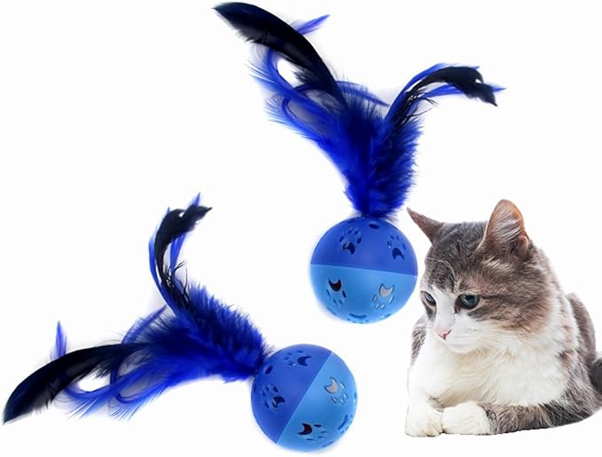 BeeSpring Cat Balls Interactive Cat Toy Cat Feather Balls with Loud Bell Inside (2Pcs Blue)