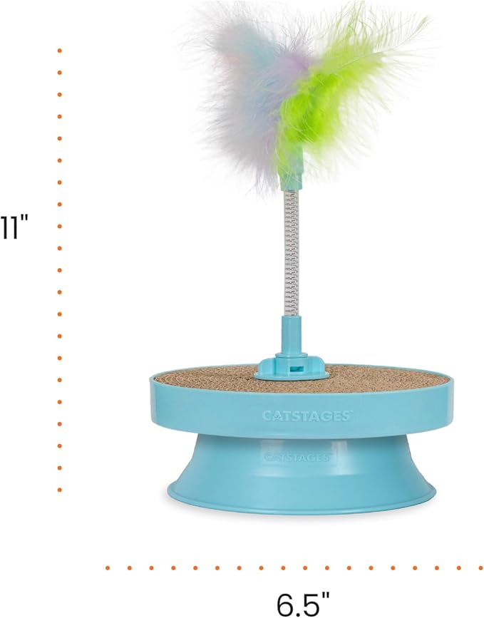 Catstages 2-in-1 Spring Toy Interactive Cat Toy and Topper for Cat Ball Track with Removable Feather Spring Toy and Corrugated Cat Scratcher, Blue