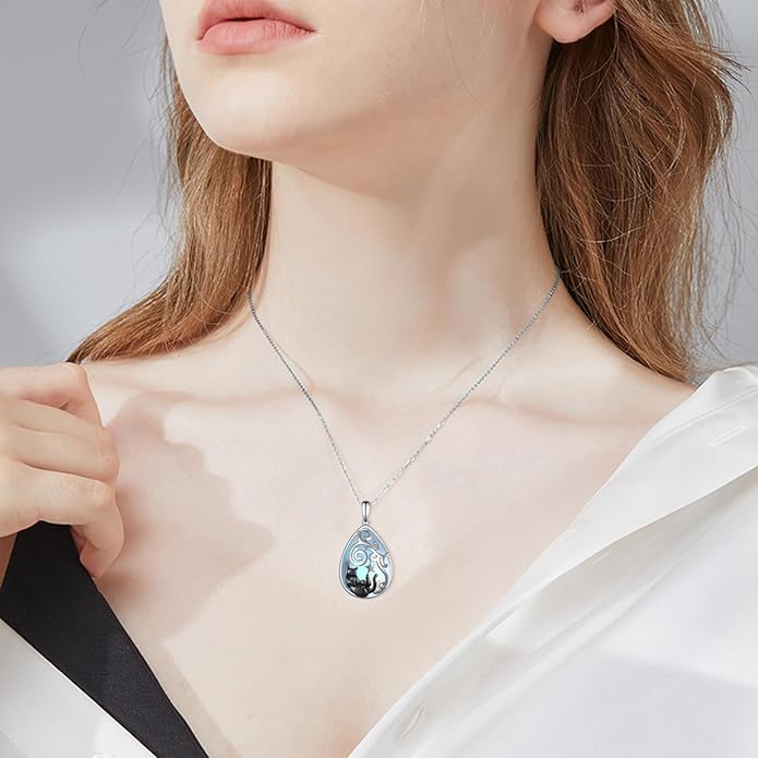 Black Cat Necklace 925 Sterling Silver Moonstone Black Cat Necklace Moonstone Cat Jewelry Gifts for Women