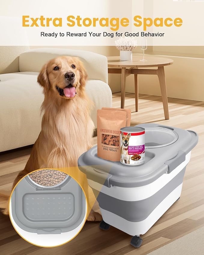 20-23LBS Collapsible Dog Food Storage Container, Pet Dog Pantry Large Containers Bin with Wheels,bowl & 1pcs Food Storage Containers, Kitchen Cereal Flour Rice Leakproof Dry Holder