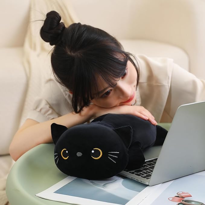 SQEQE Weighted Black Cat Plush, Weighted Black Cat Stuffed Animal, Cute Plushies Soft Pillow Toy Gift for Kids Adults 9.8 Inch, 0.8 Lbs