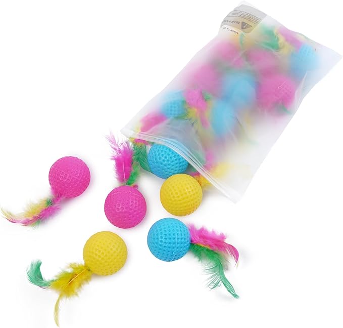IDOMIK 15 Pack Cat Toys Ball, Colorful Golf Sponge Balls, Cat Feather Ball Kittens Interactive Pom Pom Ball Toys for Exercise, Bright Colored Chase Pounce Toys Balls, Safe Non-Toxic Entertainment Toy
