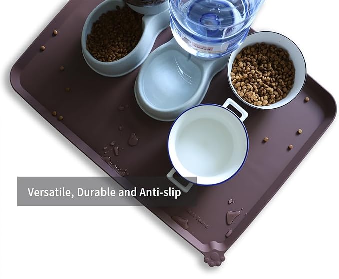 Hoki Found X-Large Silicone Pet Food Mats Tray - Non Slip Pet Dog Cat Bowl Mats Placemat - Dog Pet Cat Feeding Mat - Waterproof Dog Cat Food Mats -Pet Water Mats for Carpet - Dark Oak